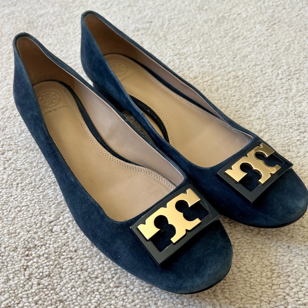 Tory Burch Navy Suede Block Heel 8 NEW